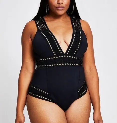 River Island NWT Black Gold Embroidered Plunge One Piece Swimsuit Size 20 NEW