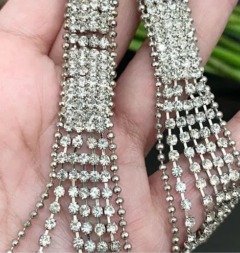 Vintage Unsigned Pavé Clear Rhinestones Drop Fringe Runway Statement Earrings