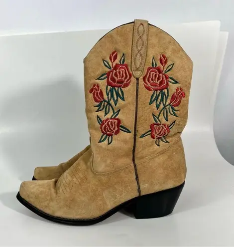 Vintage American West Trading Co. Brown Suede Rose Embroidered Cowgirl Boots 8