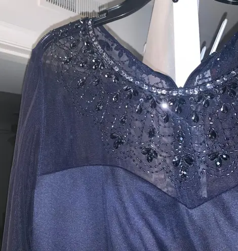 Dark Blue Long Formal Dress With Lace Sleeves And Sequins Size 14