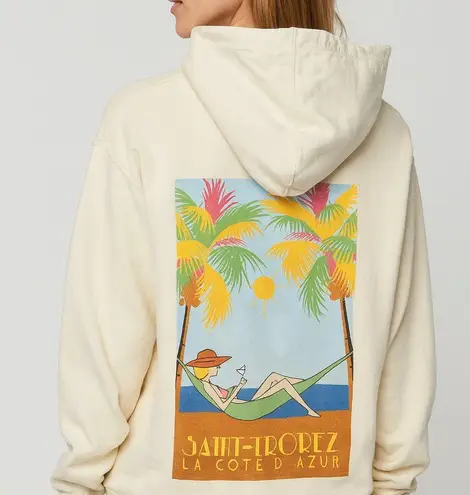 Rosa Cha St. Tropez Cream Graphic Boxy Sweatshirt Hoodie Size Medium