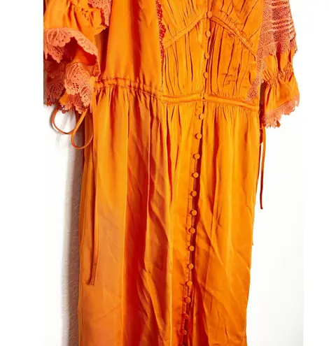 Self Portrait Lace-Trimmed Satin-Twill Midi Dress Size 6 Orange Ruffle