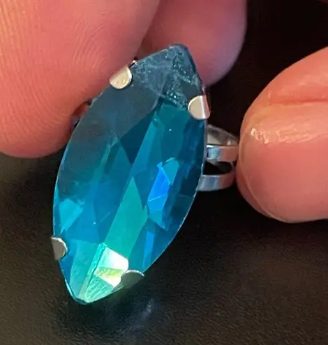 Adjustable teal crystal silver plated ring