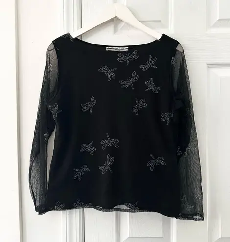 Victoria Jones Petite Black Mesh Sleeve Rhinestone Dragonfly Y2K Goth Top Medium
