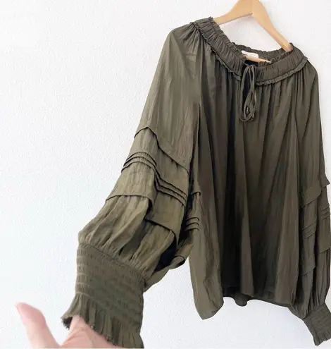 Ramy Brook Merry Ruffle Smocked Split Tie Neck Blouse Top in Olive Green
