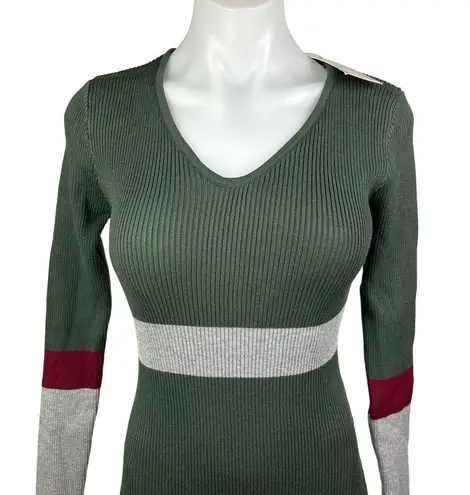 Sundays NEW Soho Green Ribbed Knit Striped Colorblock Bodycon Sweater Midi Dress
