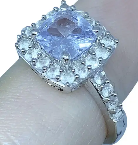 Aquamarine White Sapphire Halo Women's Engagement Ring in Sterling Silver Sz 6
