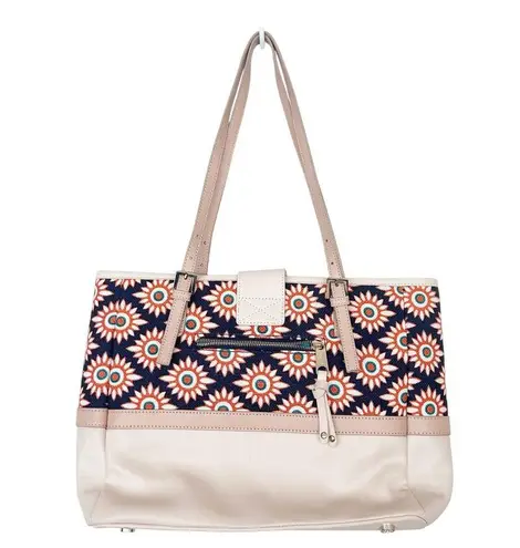 Spartina 449 Blue Orange Cream Leather Linen Tote Shoulder Bag