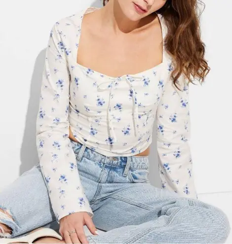 Wild Fable  Women's Floral Milkmaid Top Cream Blue - Small