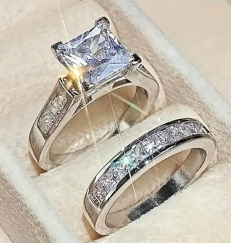 2pcs/set Silver Princess Cut engagement ring set size 10