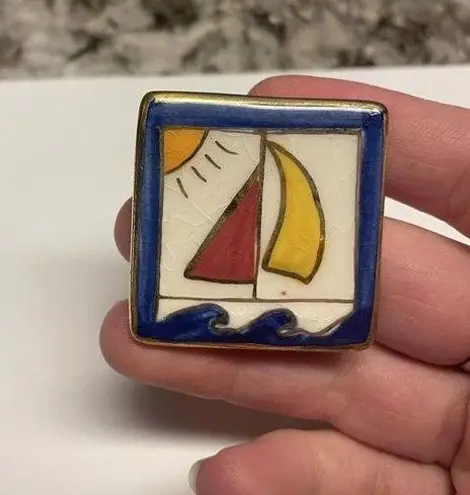 Hand Made Hand Crafted Ceramic Brooch Pin Sailboat Boat Hand Painted
