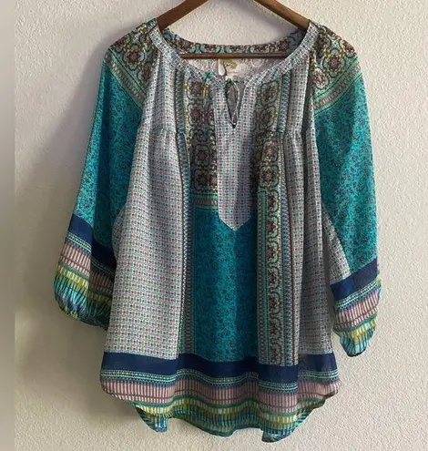 Fig & Flower Anthropologie Women Sheer Boho Tunic 3/4 Sleeve Size 1X Plus Green