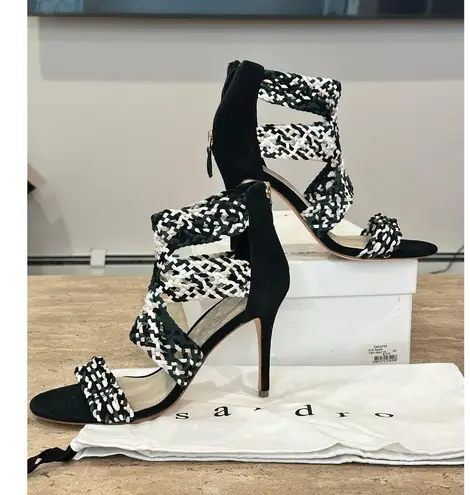 Sandro NEW Agate Vert Sapin Green Black Woven Strap Open Toe Heel Sandal 39