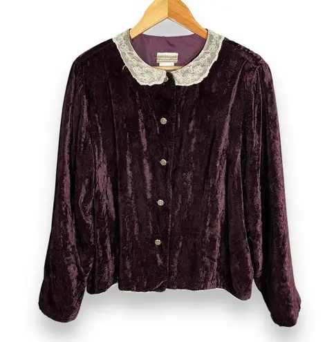 Coldwater Creek Velvet Jacket Lace Collar Purple Women Button Up Victorian Size Large Delicate