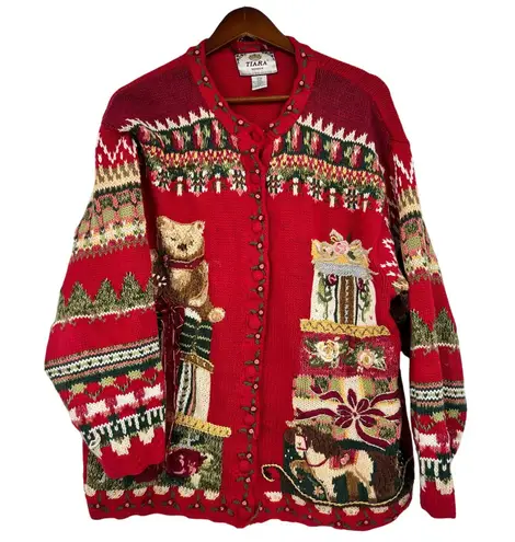 Vintage Tiara Red Cardigan Sweater 2000 Teddy Bear Fair Isle plus size 18/ 20