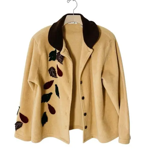 VINTAGE 90s CD SPORT Leaf Applique Fleece Cardigan Sweater Tan Size L