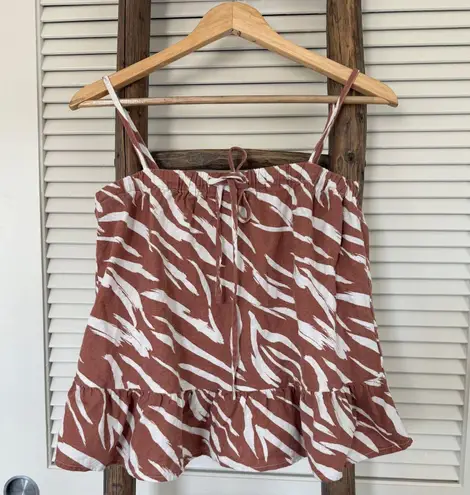 GILLI Zebra Print Cami Top Brown White Sleeveless Ruffle Hem Tie Front SIze S - Image 1