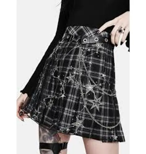 DARK IN LOVE Dolls Kill Mini Plaid Skirt KILT GOTH WHIMSY STARS Small S Black