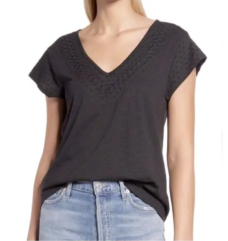 Caslon  MODAL Embroidered t-shirt top tee Black SMALL short sleeve