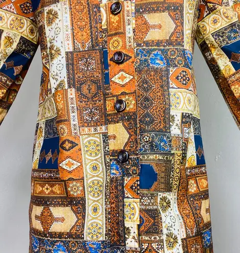 Vintage Brown & Gold Stained Glass Patchwork Shirt Midi Dress Size M