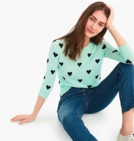J.Crew Cashmere Heart Print Mint Green Navy Sweater XS Crewneck Soft Cozy