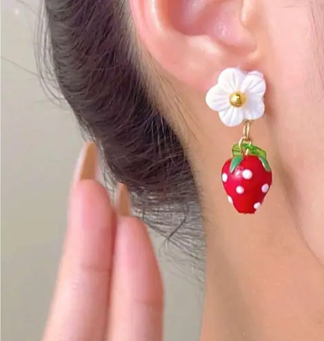 Strawberry Flower Drop Earrings Red
