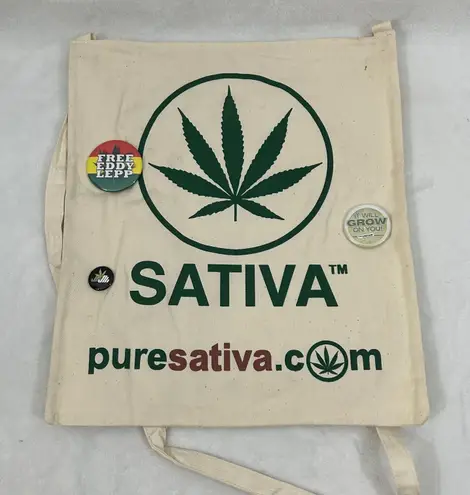 Pure Sativa 420 Leaf Ganja Rasta Shoulder Tote Carry Grocery Bag & Pins 13”x 15” Tan