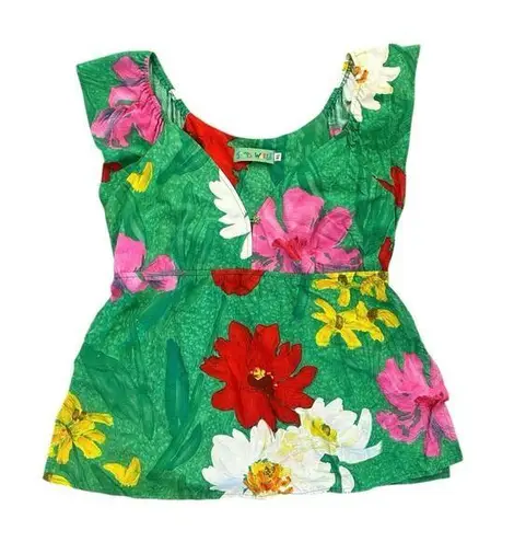 Jams World Jaisy Bold Floral Print Top Green Bright Tropical Vintage Size XL