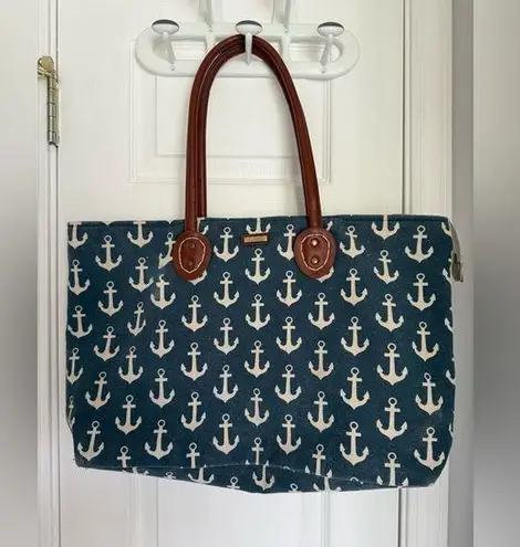 Sun N Sand Nautical Anchor Print Tote Bag with Brown Handles Blue