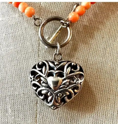 coral beaded sterling silver heart locket pendant necklace Orange