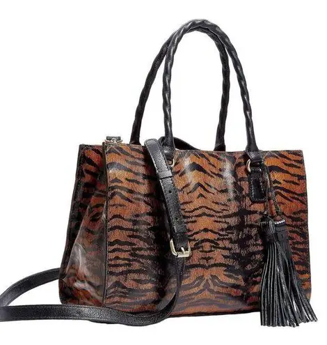 Patricia Nash Primrose Satchel Leather Adjustable Strap Tassel Fox Tiger Brown