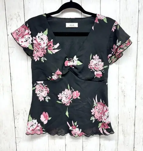 AGB Byer Collection Top Women Size Small Deep V Neck Floral Short Sleeve Blouse Black
