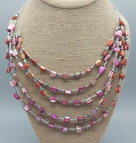Beachy Silver Tone Pink Dyed Abalone Shell Multi Strand Wire Collar Bib Necklace