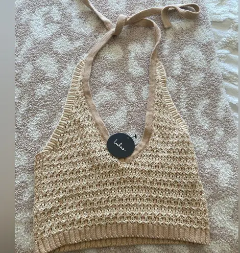 Lulus  Summer Groove Beige and White Crochet Halter Top Swim Cover-Up