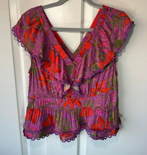 Rose + Olive Floral Ruffle V Neck Blouse Top Sleeveless Orange Purple Medium