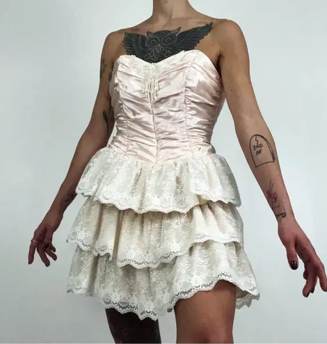 Vintage 90’s Strapless Satin Corset Mini Dress with Lace Ruffle Skirt | Size XS Pink