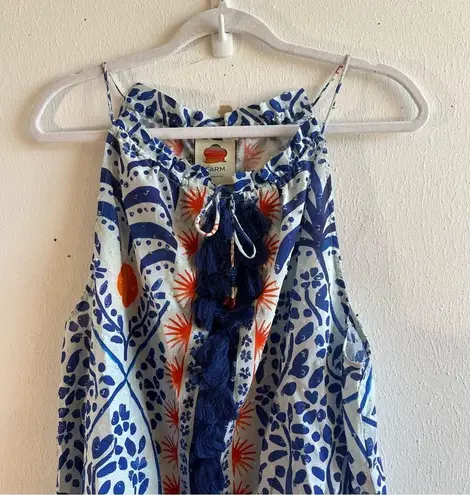 Farm Rio Tank Top Afternoon Breeze Beaded Tassel Tie Cotton Blouse Sz L NWT