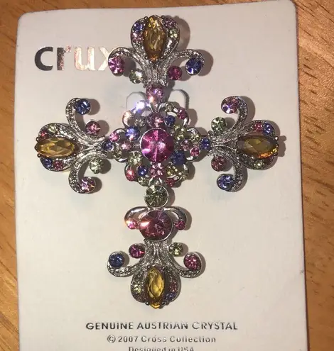 Vintage Crux Silver Tone Religious Cross Pin Brooch Pendant Multicolored Crystal
