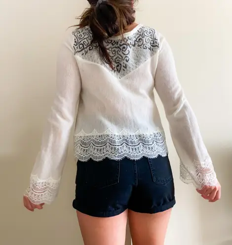 Free People Cream & Black Print Long Sleeve Sweater With Lace Hem Bell Sleeves