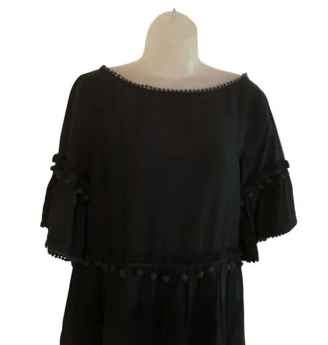 Club Monaco Black Pom-Pom Boho Dress M coverup Beach vacation resort linen blend