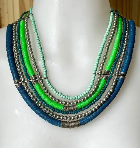 Vintage Blue  and Green Multi Strand Necklace, Teal Bead Six Strand Necklace