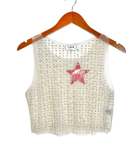Love j Crewneck Sleveless Pearl & Rhinestone Sheer Ivory Mesh Crop Tank Top