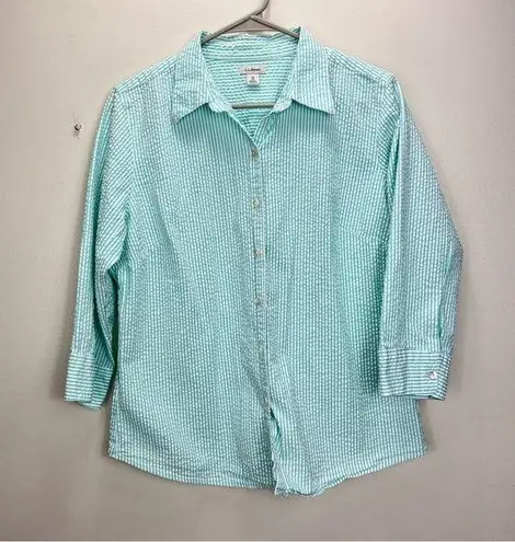 L.L.Bean  Mint Green White Seersucker 3/4 Sleeve Button Shirt MEDIUM