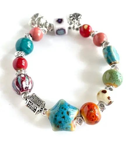 Blue Star Bracelet Silver orange red Lucky Kitty Cat Charm Stretchy Multiple