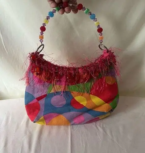 Y2K Geometric Print Tapestry Bag Beaded Top Handle Fringe Kidcore Festival