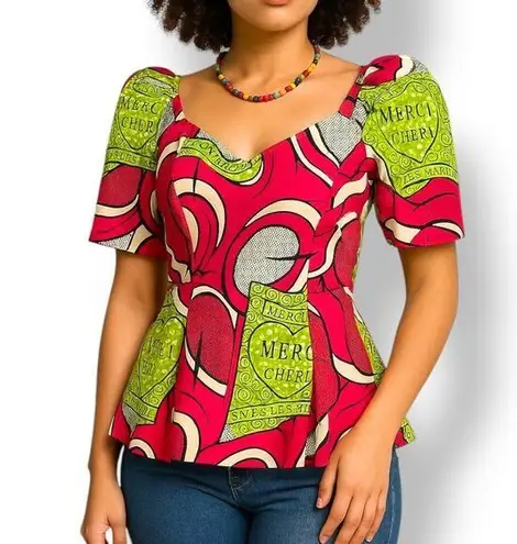 Vintage Handmade Merci Cheri Wax Print Top Heart Zipper Pull Sweetheart Neckline Pink Size 6