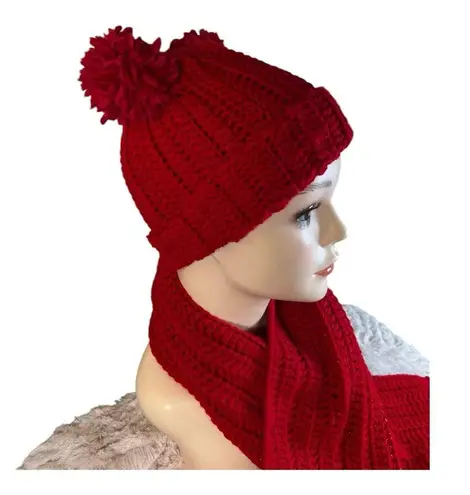 Handmade Bright Red (some gold touches) Crochet Hat & Scarf Set Cozy & Stylish