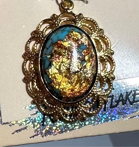 Vintage 14K GP Rainbow Flake Turquoise Pendant Necklace & Earrings Set Blue