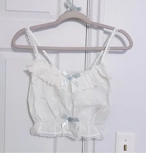 Japanese Cottage Kawaii Style White Lace Pastel Blue Bow Ribbon Crop Tank Top Size XS