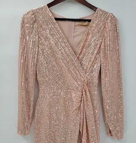 Sublime Sequined Gown S Pink Faux Wrap Long Puff Sleeve Tigh Slit Party Wedding